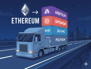 이더리움 트럭이 아비트럼, 옵티미즘, 베이스 등 레이어2 컨테이너를 싣고 고속도로를 달리는 일러스트. 블록체인 롤업(Rollup)의 배치(Batch) 처리 기술을 물류 시스템에 비유하여 시각화함.