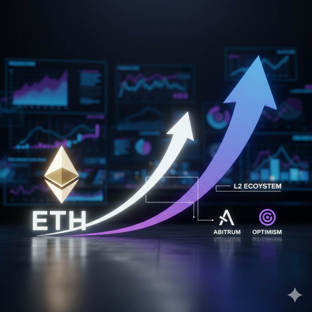 이더리움(ETH) 상승과 함께 레이어2(L2)가 더 크게 상승하는 구조를 표현한 투자 일러스트
