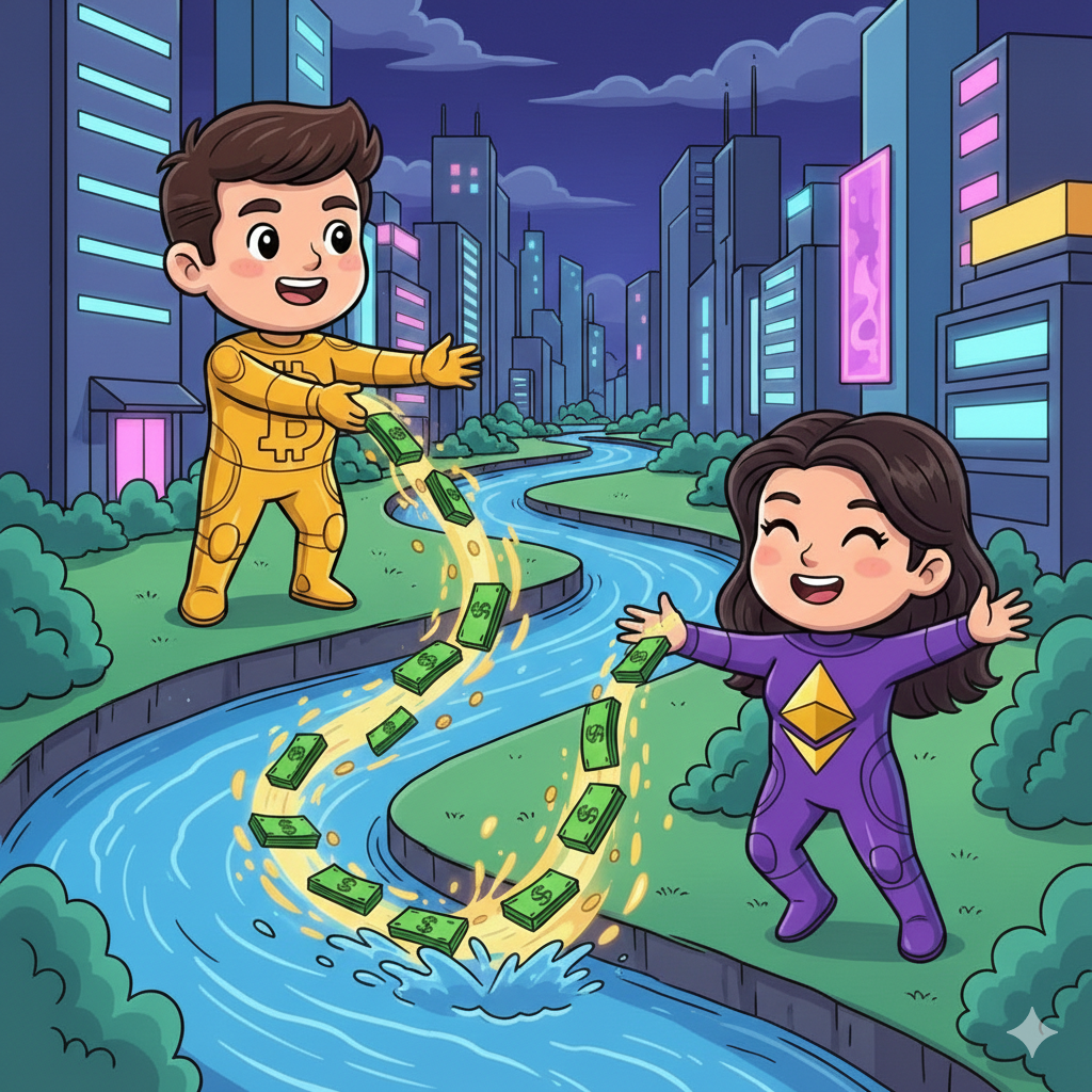 굽이치는 강 상류의 비트코인 캐릭터가 하류의 이더리움 캐릭터에게 지폐를 흘려보내는 만화 일러스트. 가상화폐 시장의 자금 순환과 낙수 효과를 표현함.