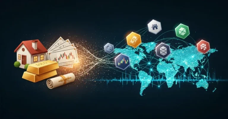 국채·부동산 같은 안정 자산이 블록체인과 결합되는 RWA(Real World Asset) 구조를 표현한 투자 이미지