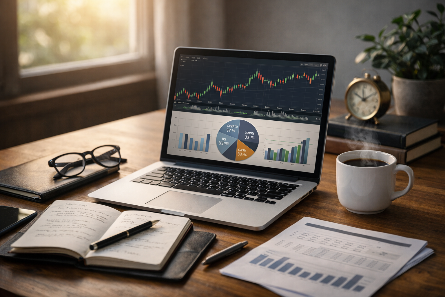 개인 투자자의 실제 포트폴리오 구성과 자산 배분 전략을 기록하는 조용한 작업 공간과 노트북 환경