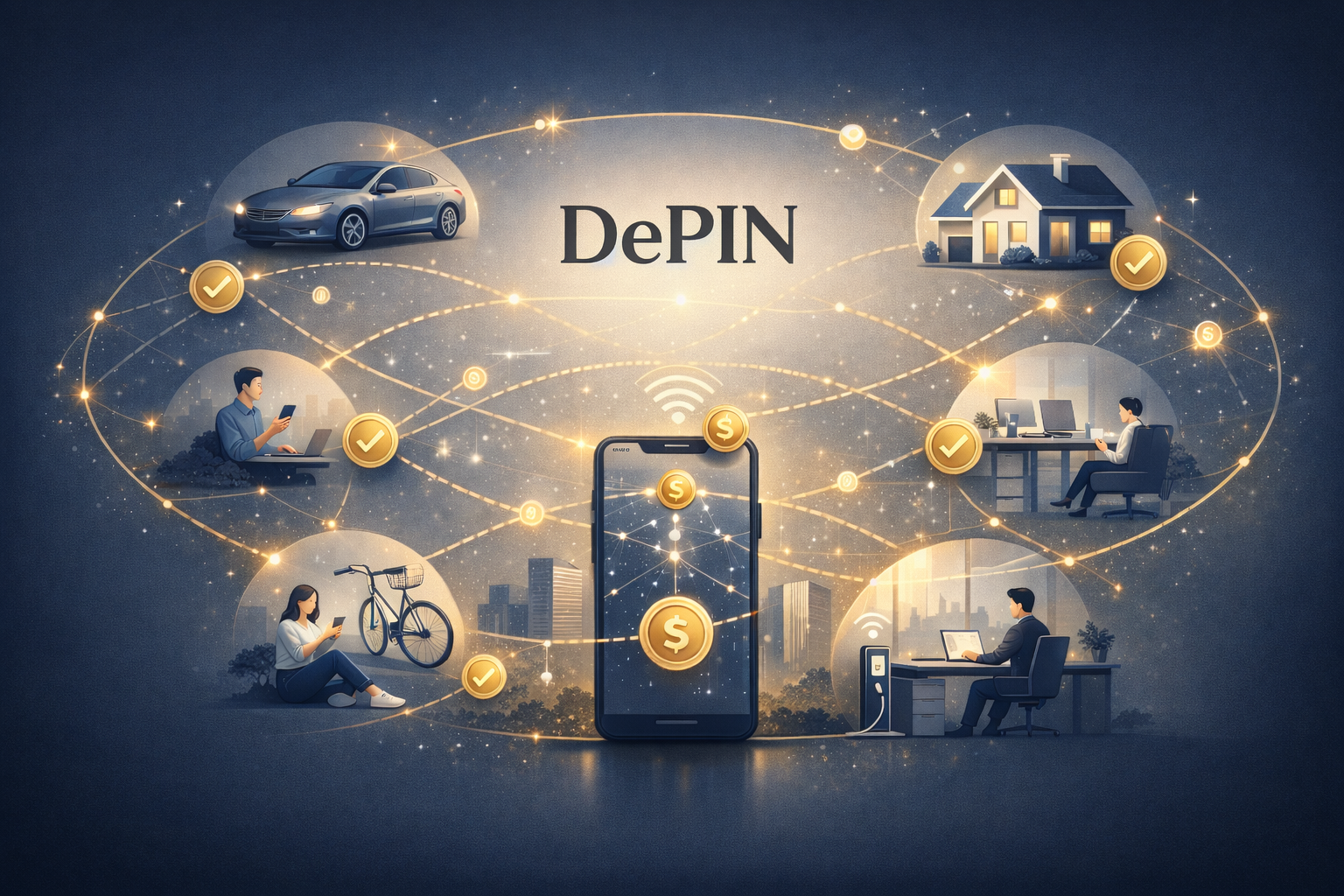 DePIN(Decentralized Physical Infrastructure Network)을 시각화한 일러스트로, 스마트폰을 중심으로 자동차, 주택, 자전거, 사무공간이 네트워크로 연결되고 토큰 보상이 흐르는 구조를 표현한 이미지