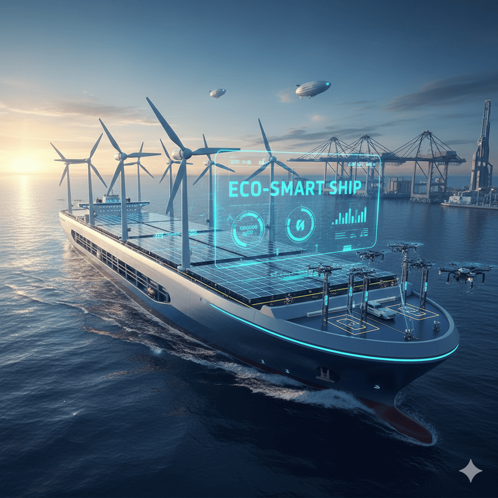 친환경 스마트십(ECO-SMART SHIP) 기술력과 데이터 시각화 홀로그램이 포함된 한국 조선주 대장(HD현대중공업, 한화오션, 삼성중공업) 분석 블로그 대표 이미지.